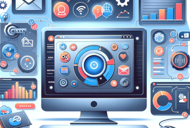 Illustration of an interactive marketing automation dashboard on a computer screen, surrounded by digital marketing icons like email, social media,